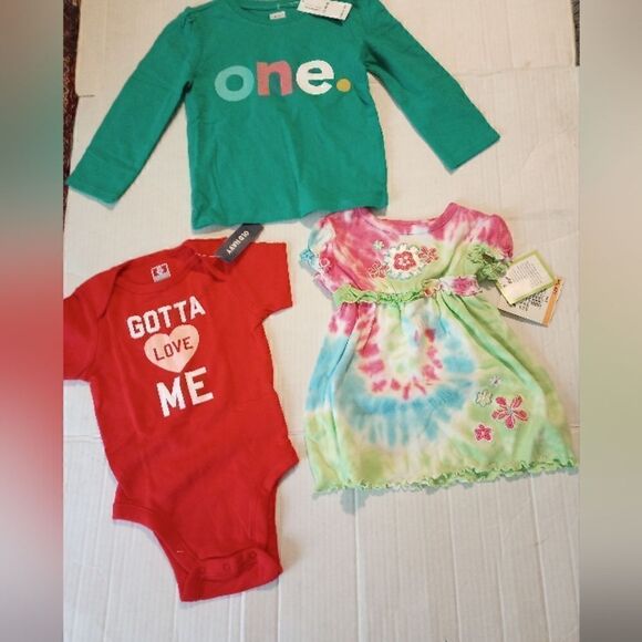 ✨ NWT 12 month girl bundle dress long sleeves shirt and onesie - Picture 1 of 9